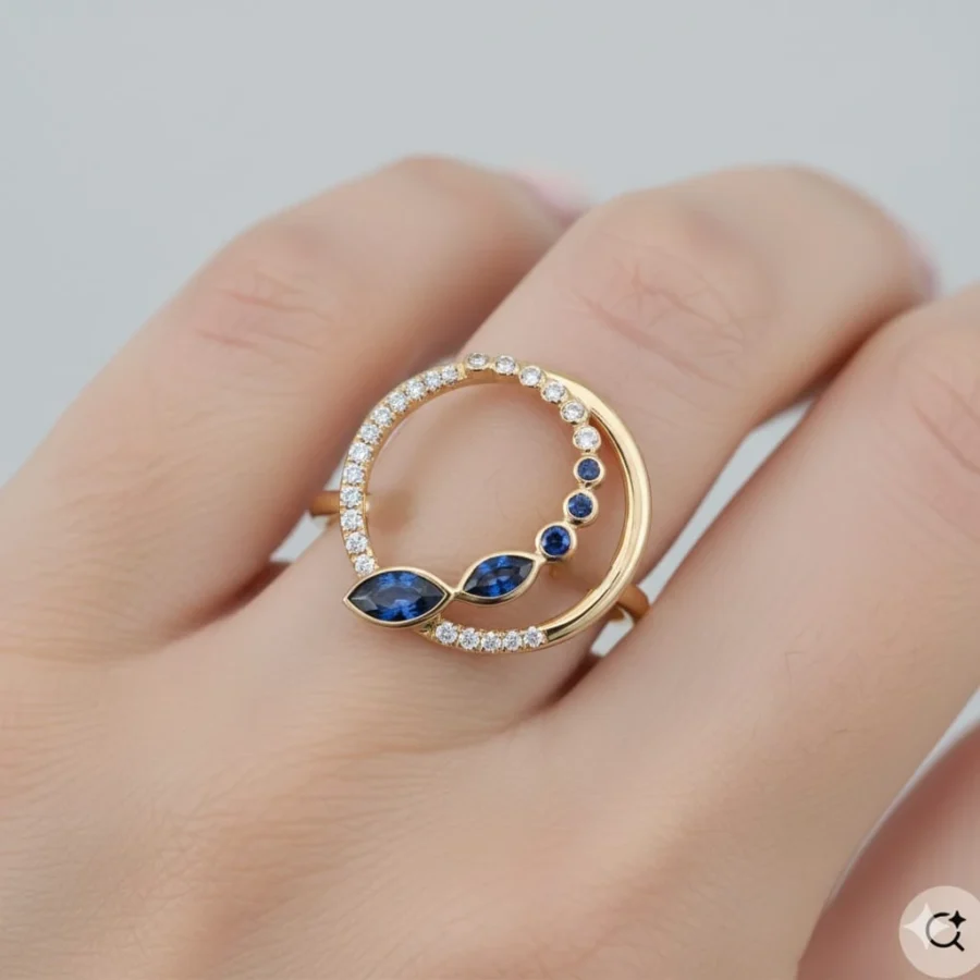 Bague halo en or jaune avec saphirs et diamants - ZVertu Jewels