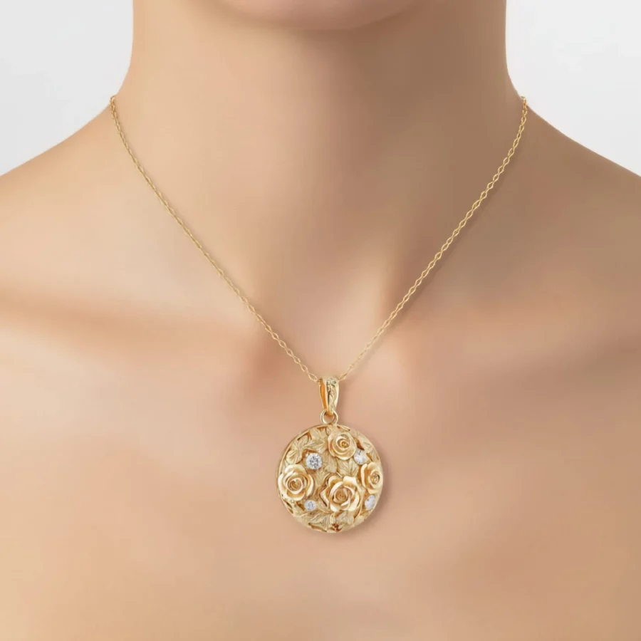 Pendentif Roseraie rond en or jaune avec diamants - ZVertu Jewels
