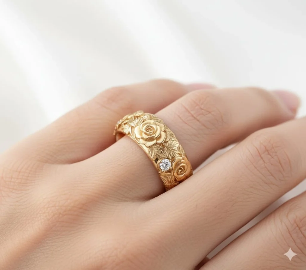 Bague or jaune gravée motifs floraux avec diamant - ZVertu Jewels