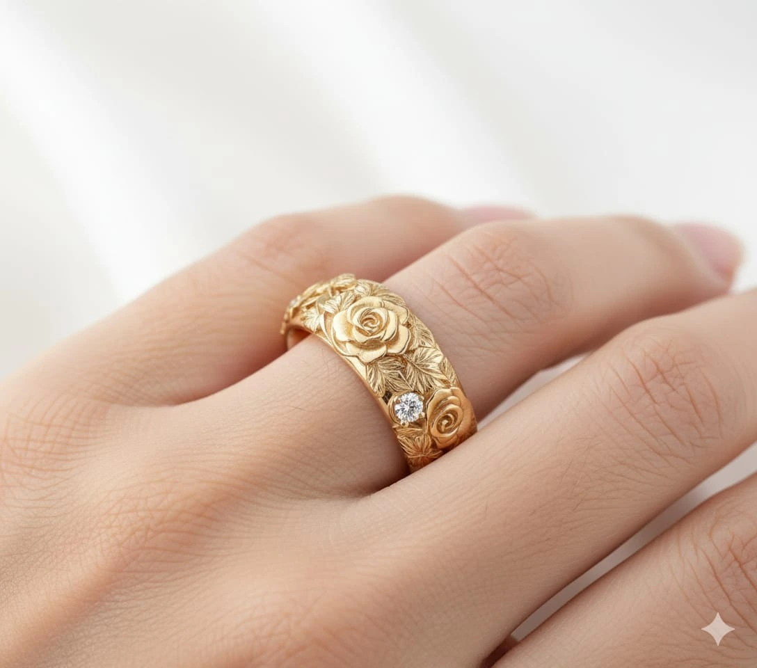 Bague or jaune gravée motifs floraux avec diamant - ZVertu Jewels
