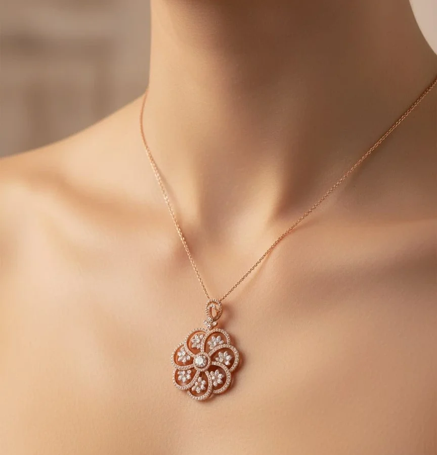 Pendentif fleur rosace en or rose avec diamants - ZVertu Jewels