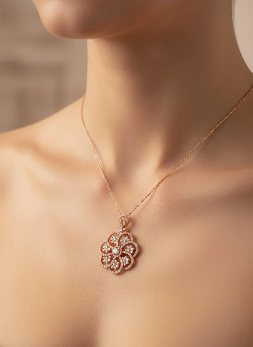 Pendentif fleur rosace en or rose avec diamants - ZVertu Jewels