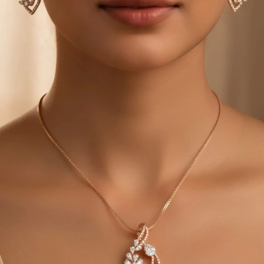 Parure cœur en or rose avec pendentif et boucles diamantées - ZVertu Jewels