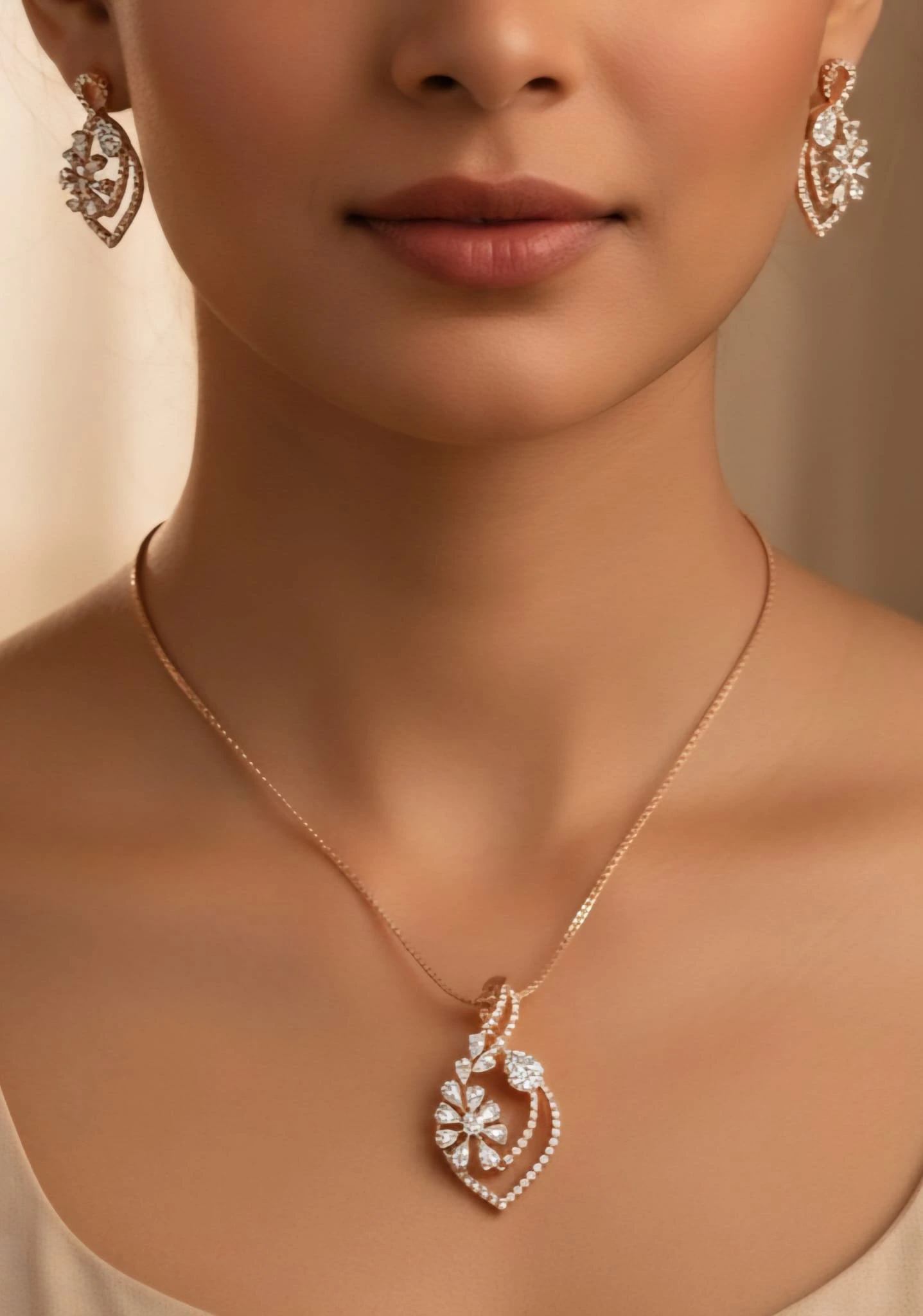 Parure cœur en or rose avec pendentif et boucles diamantées - ZVertu Jewels