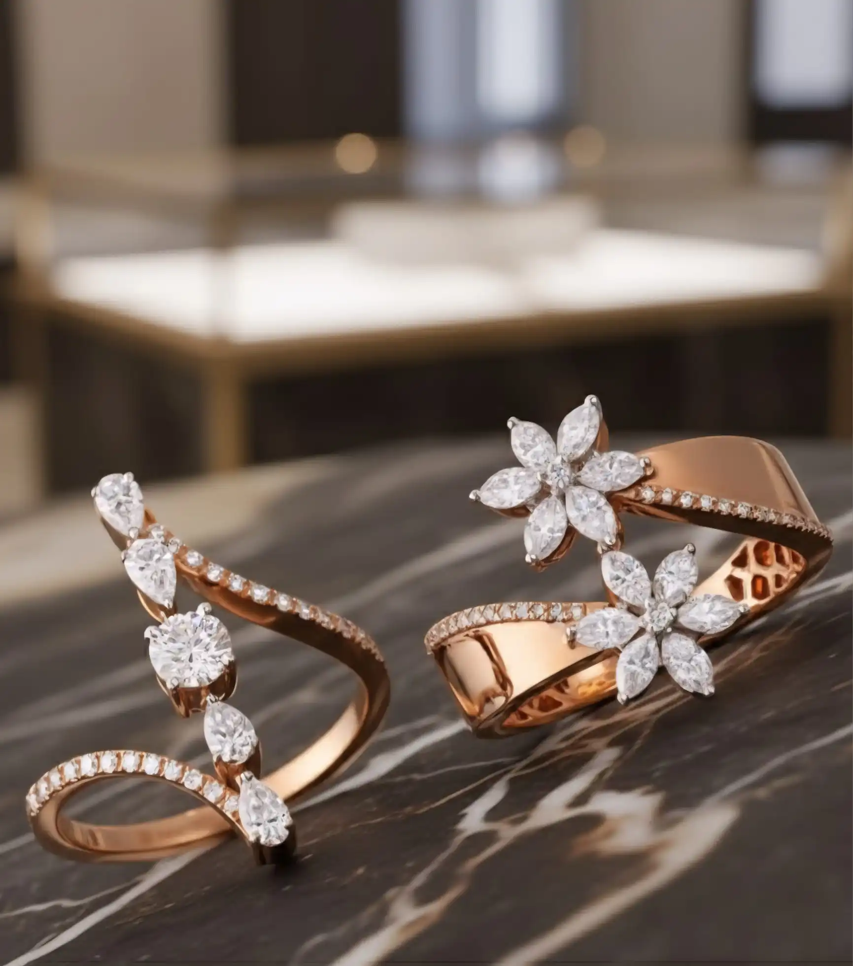 Bague ouverte duo fleurs en or rose sertie de diamants - ZVertu Jewels