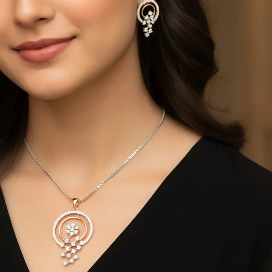 Pendentif cercle fleur en or blanc avec diamants - ZVertu Jewels