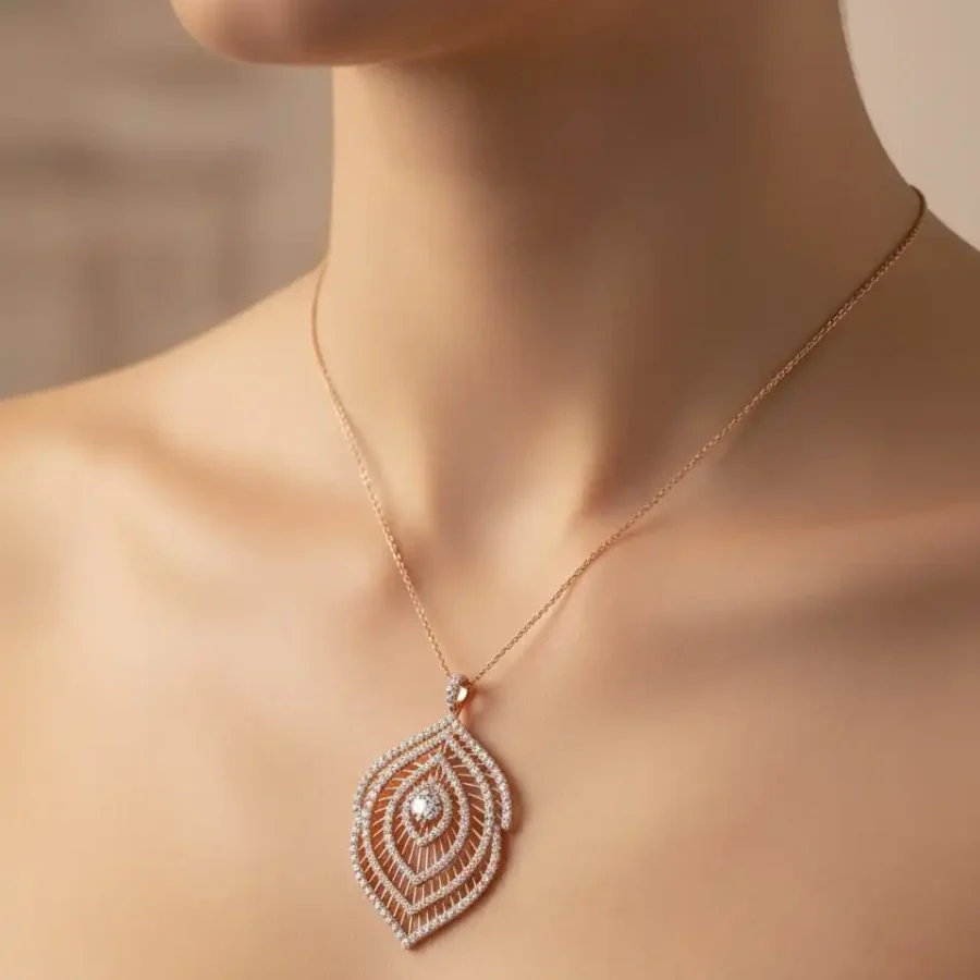 Pendentif feuille Aura en or rose serti de diamants - ZVertu Jewels