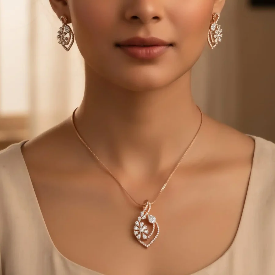 Pendentif cœur floral en or rose avec diamants - ZVertu Jewels